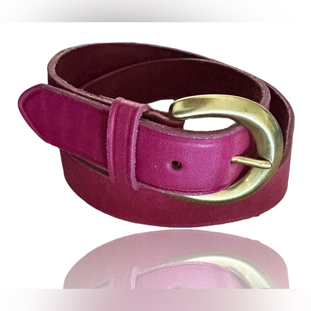 VINTAGE Genuine Leather Belt Raspberry Pink Gold Brass Buckle Women’s Size S.
